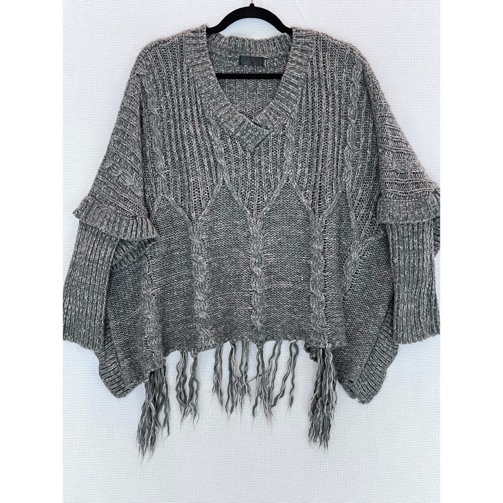 Anthropologie Gray Brown Knit V Neck Poncho‎ Sweater Fringe Detail Women's